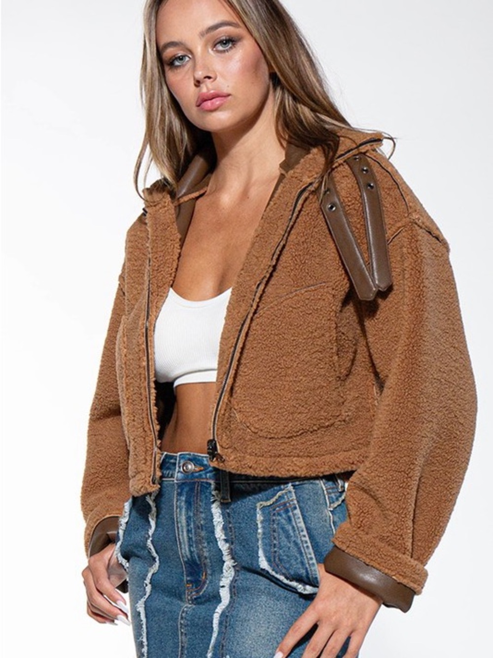 Reversible Cropped Teddy Jacket with Leather-Trim - Brown LT60200B